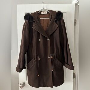 Vintage Talbots 100% Wool Rabbit Fur Trim Hood Button Up Coat